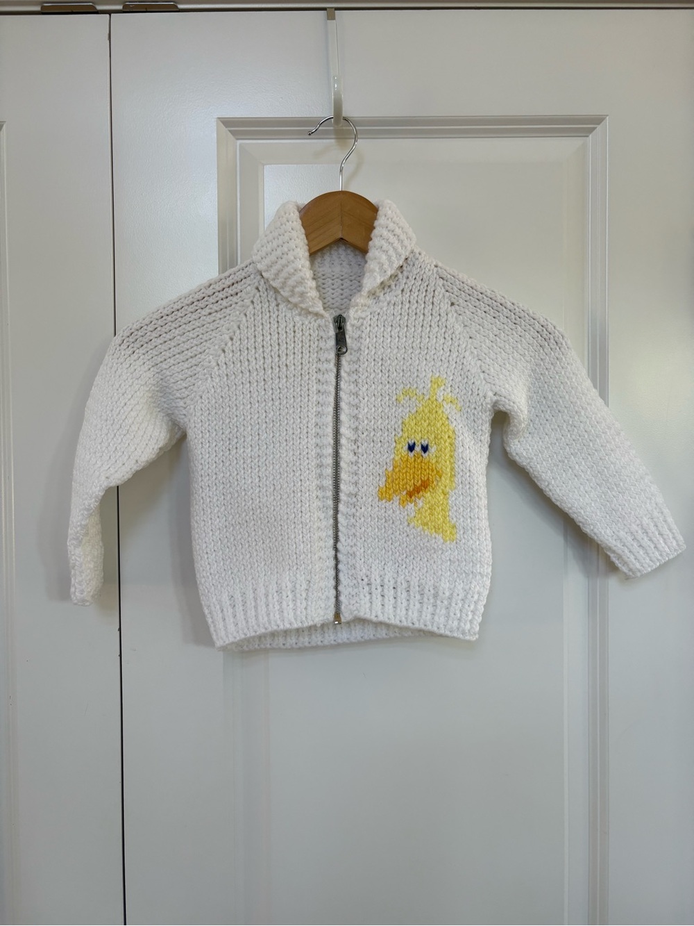 White Knit Zip Up Cardigan with Yellow Duck Big Bird